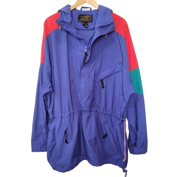 Vintage 90s Eddie Bauer Windbreaker Blue Colorblock Hooded Jacket XL - Picture 1 of 12